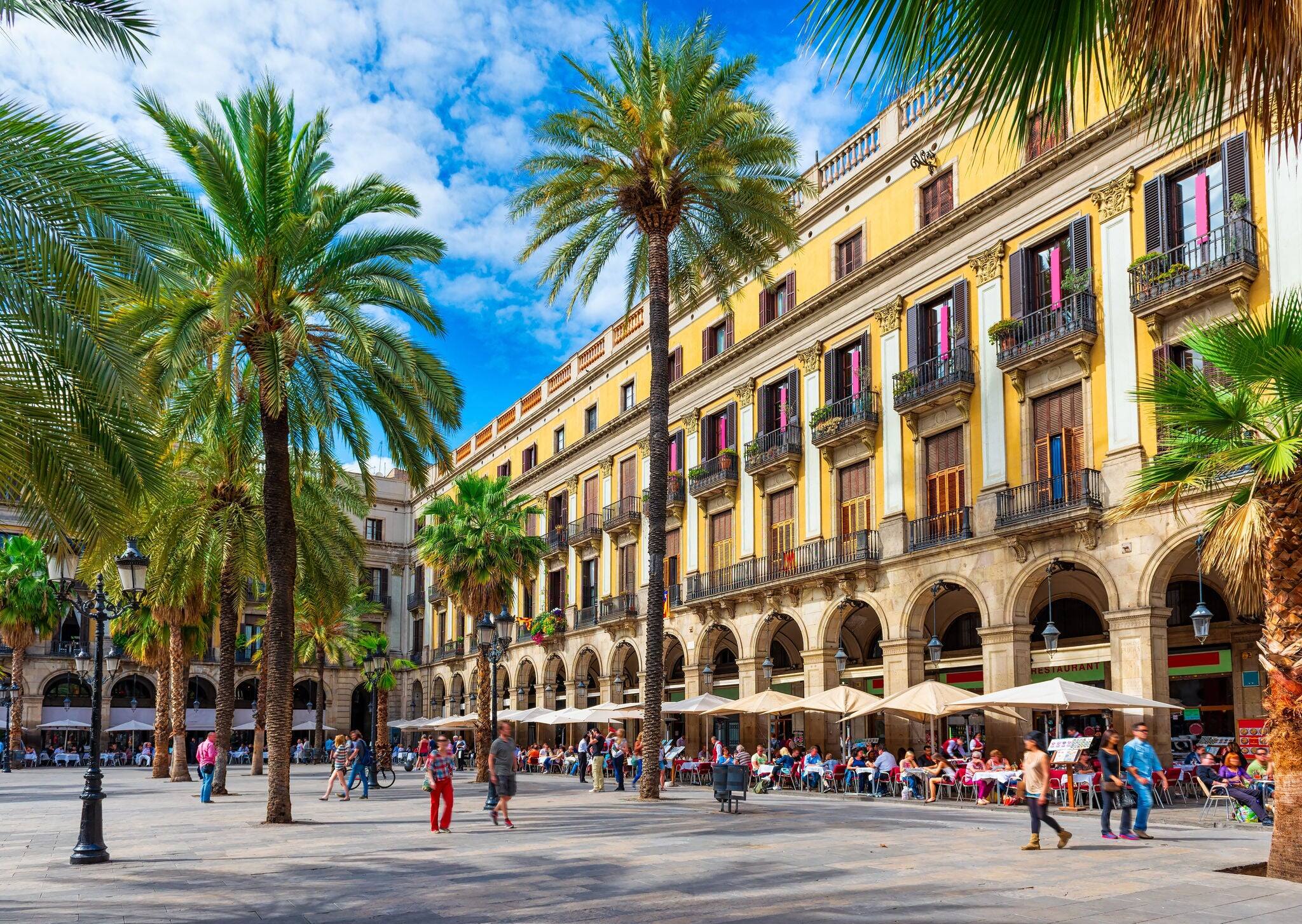 Plaza Real (Royal Square), in Barcelona, Catalonia, Spain. Architecture and landmark of Barcelona. Cozy cityscape of Barcelona