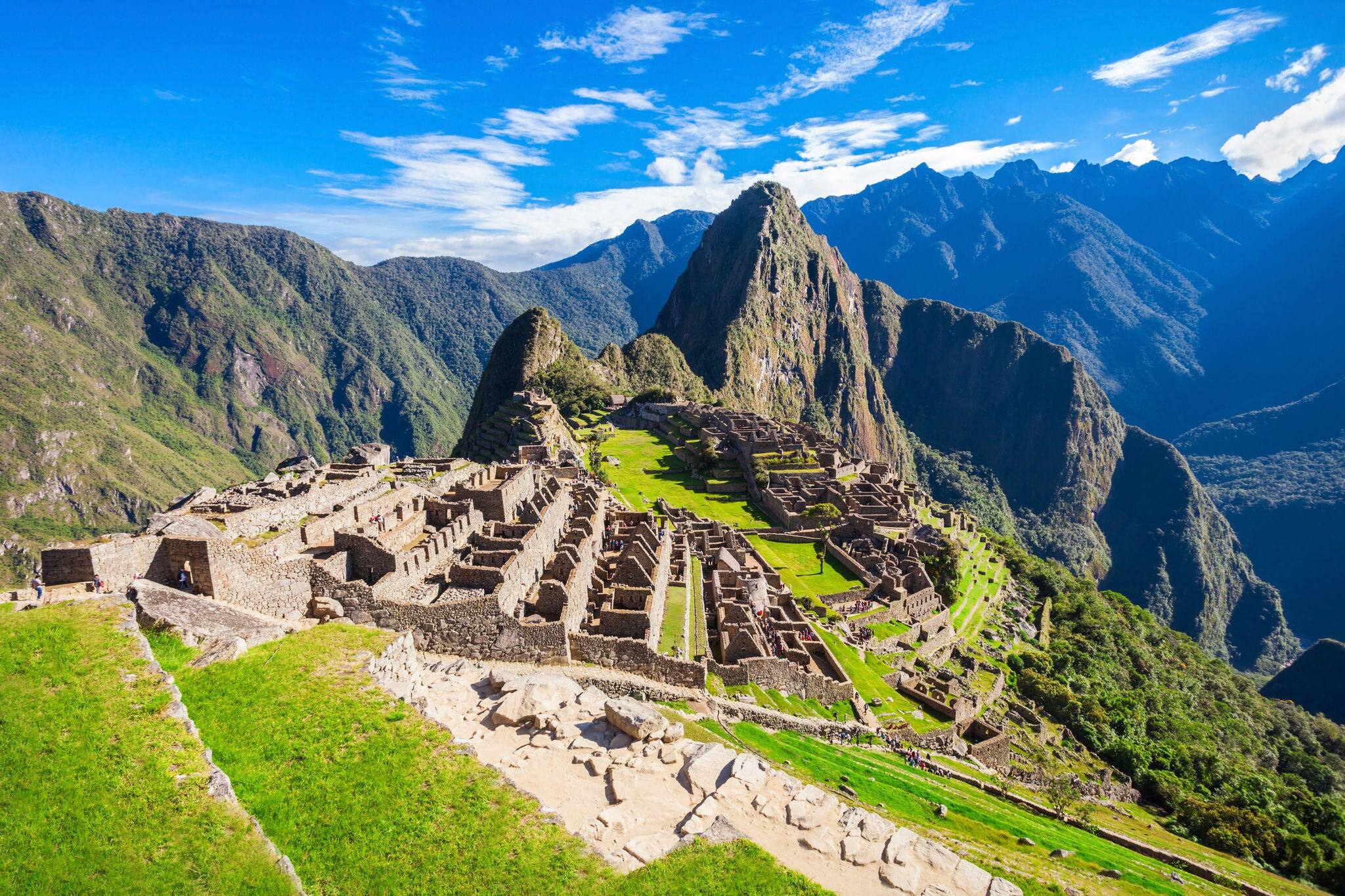 View of the Lost Incan City of Machu Picchu near Cusco, Peru. Machu Picchu is a Peruvian Historical Sanctuary and a UNESCO World Heritage Site. Machu Picchu is  located in the Cusco Region in Peru.