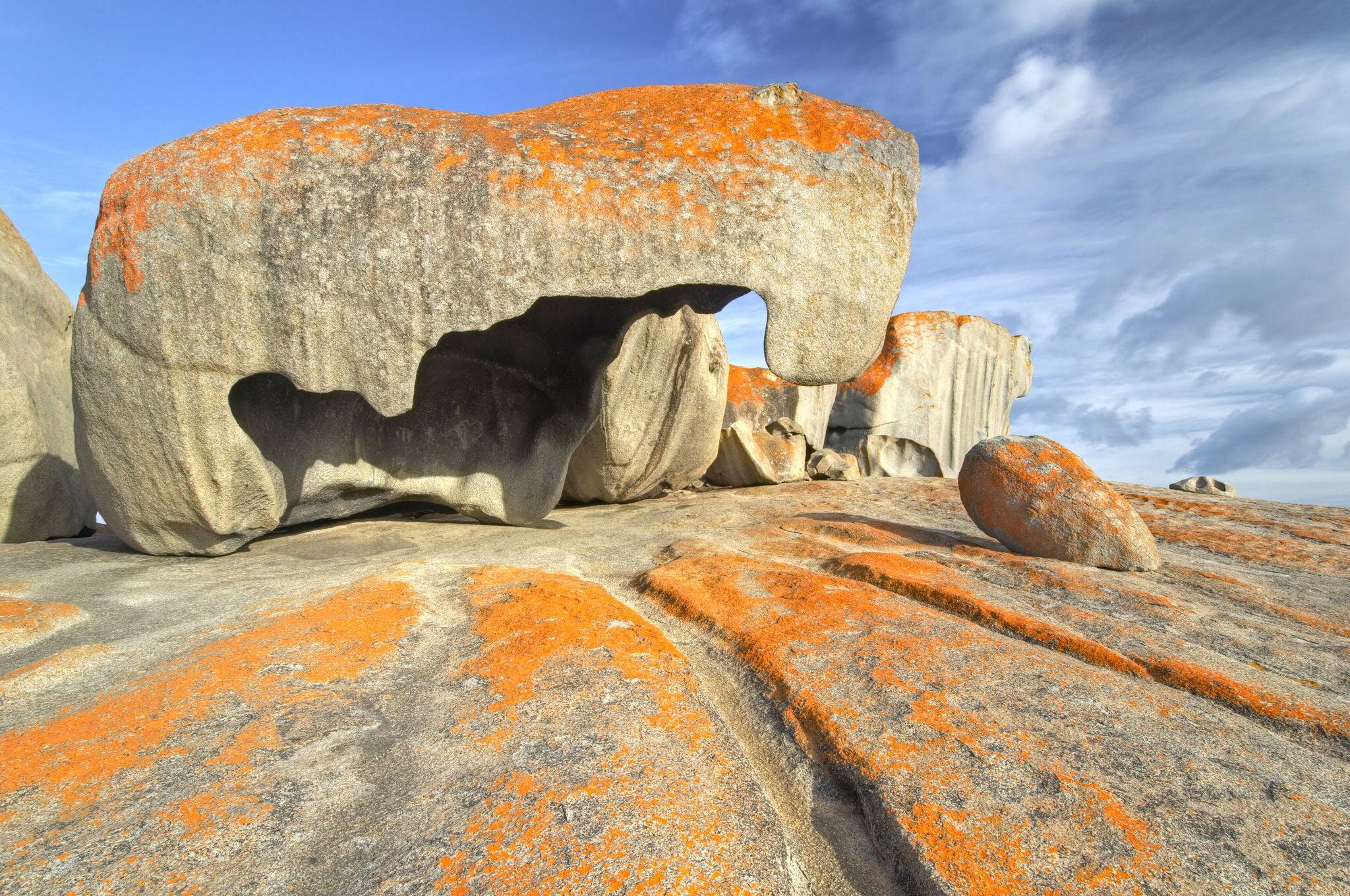 Early morning light on the Remarkable Rocks, Kangaroo Island, Australia. The rocks are remains of an ancient lava dome that pushed through the surface. Erosion leaves strangely formed rocks behind.