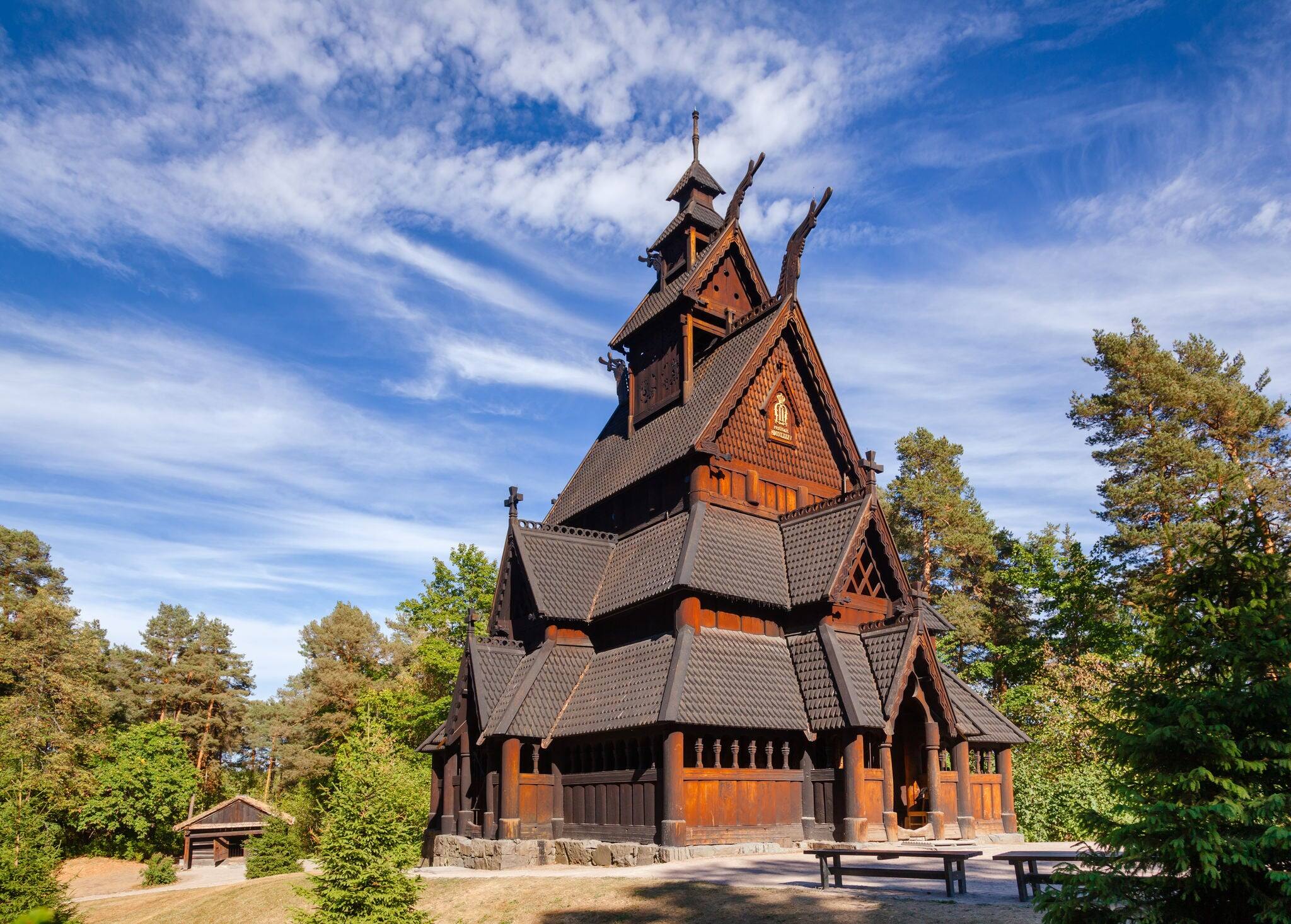Reconstructed wooden Gol Stave Church (Gol Stavkyrkje) in Norwegian Museum of Cultural History at Bygdoy peninsula in Oslo, Norway, Scandanavia