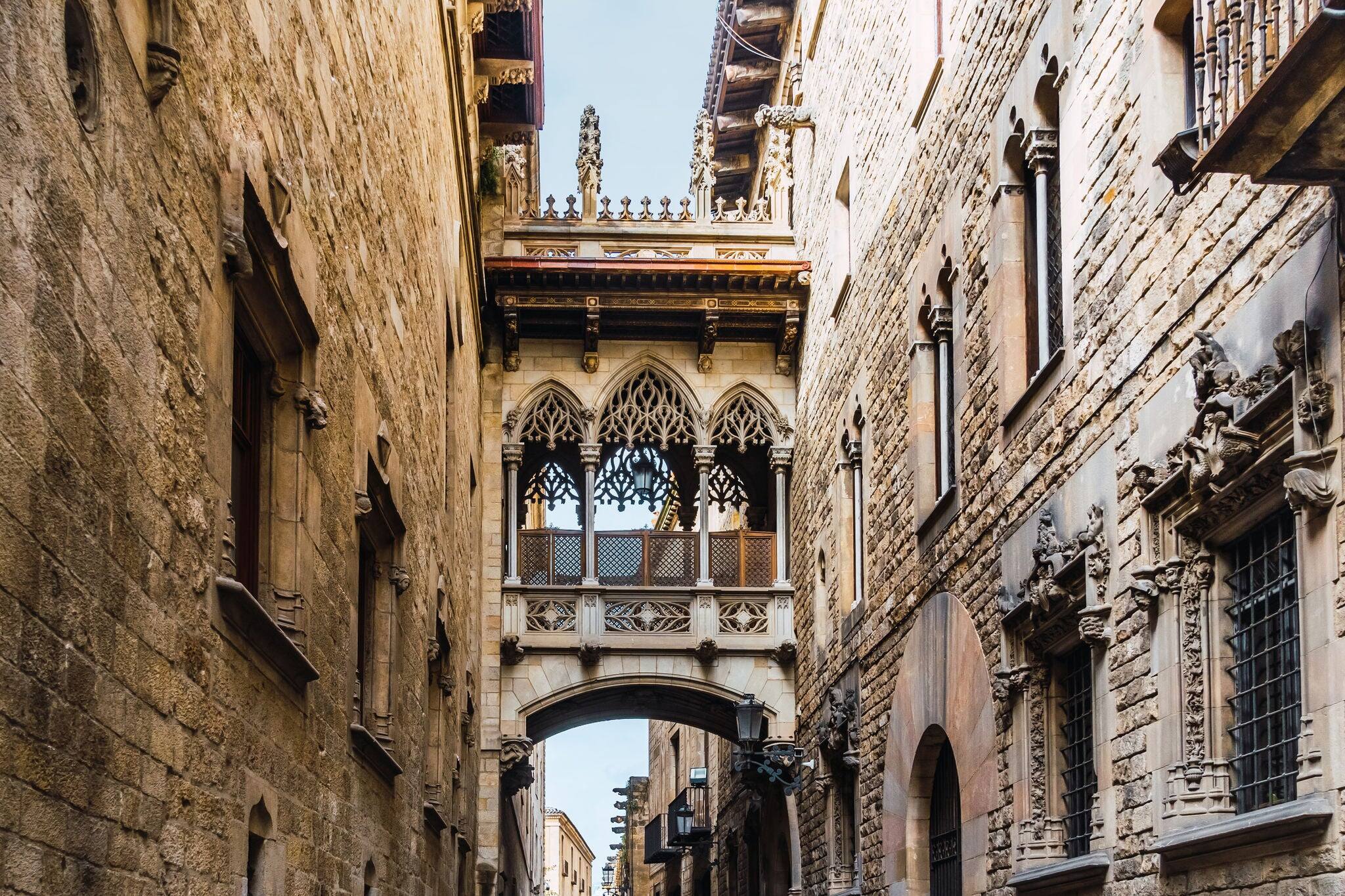 View to the Bishop's Bridge in the Gothic Quarter of Barcelona, Catalonia, Spain