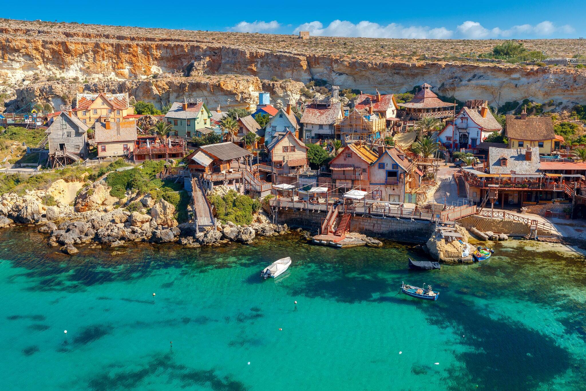 View of the famous village Popeye and bay on a sunny day. Malta.