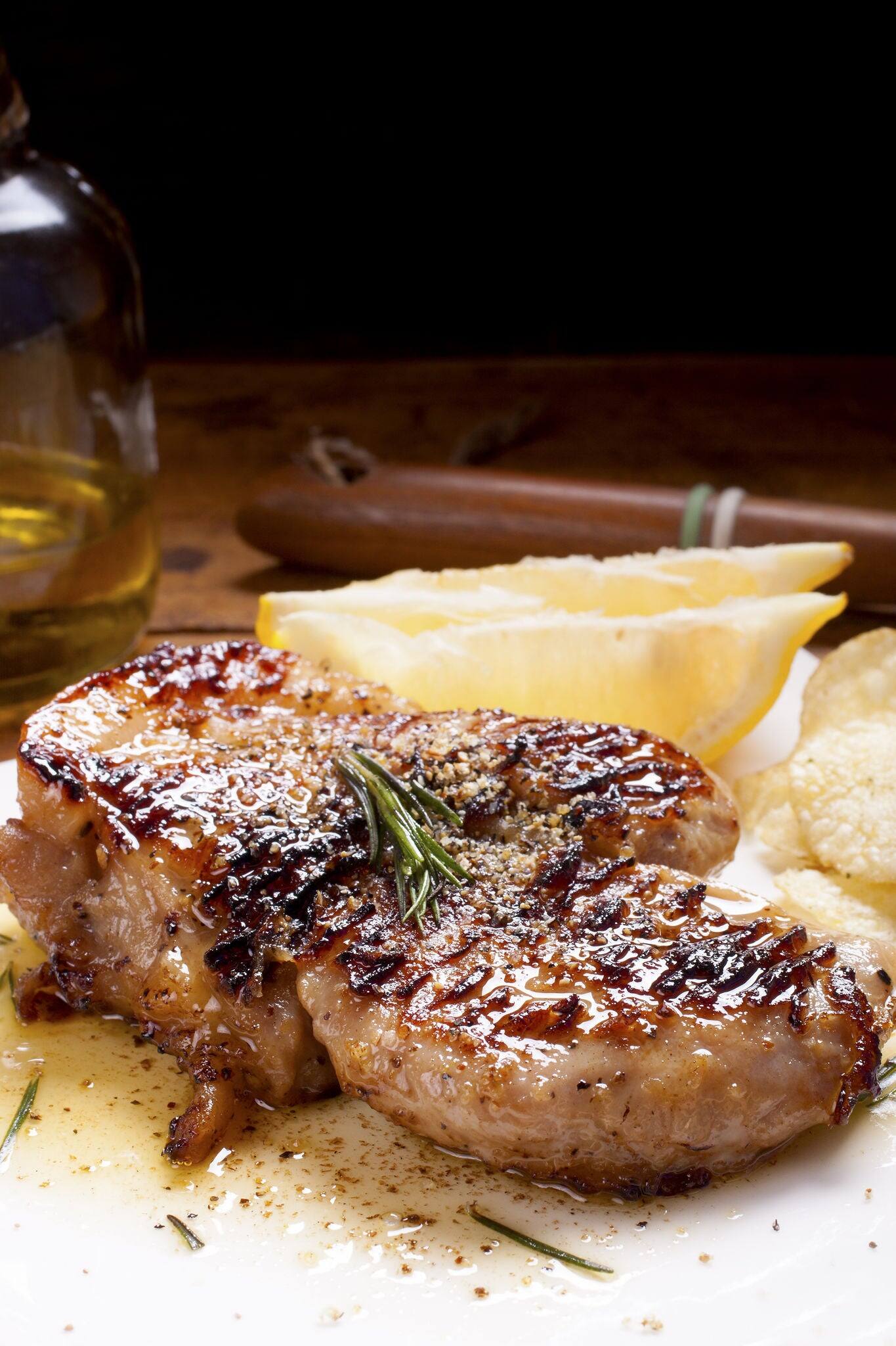 Pork steak "Kurobuta" or black hog, is the Japanese term for the Berkshire breed, the source of the famous Japanese kurobuta pork Kagoshima Prefecture.  sweet, juicy and tender.