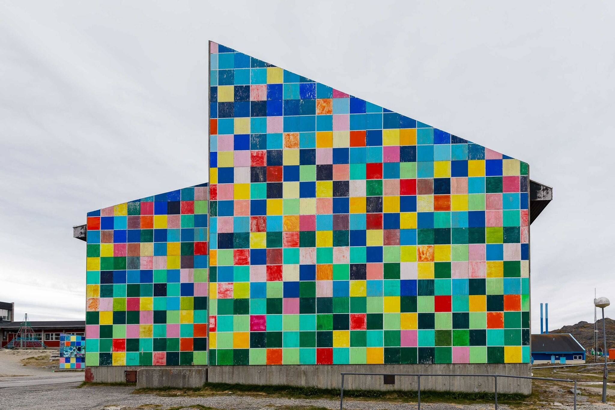Paamiut, Greenland, June 29 2023, square colored building in Paamiut