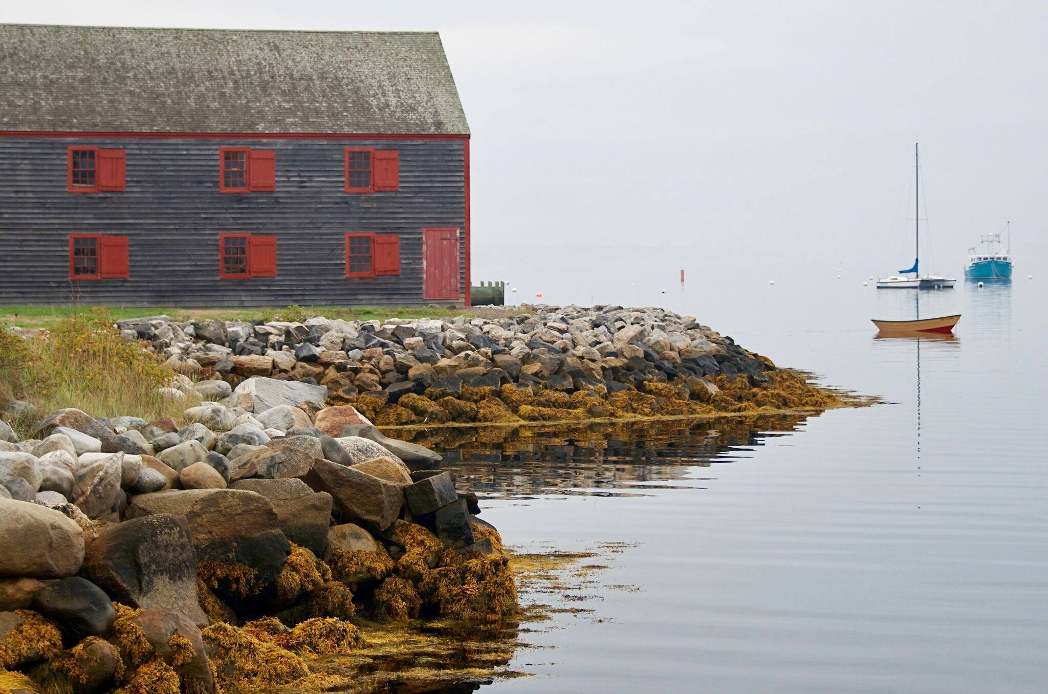 Nova Scotia Shelburne Village Seaside Wooden Warehouse and Sailboat on Foggy Day