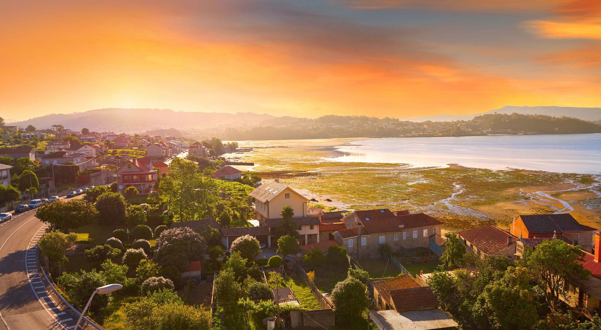 Combarro Galician village aerial in Vigo at Galicia Spain with Ria de Pontevedra