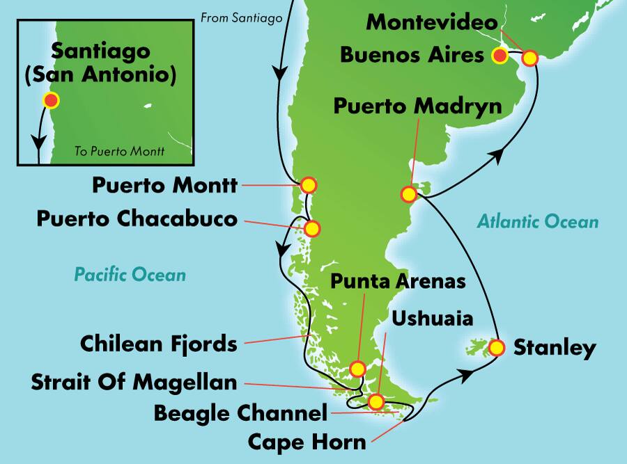 América del Sur desde Santiago (San Antonio) (dirección este), 14 días América del Sur desde Santiago (San Antonio) (dirección este), 14 días